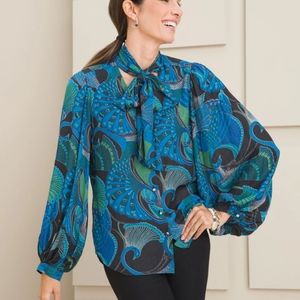 Chico's jacquard bow blouse. Paisley peacock print in blue/green🦚